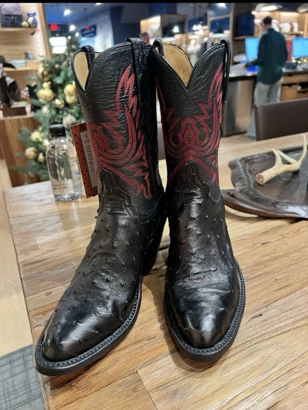 Lucchese Black Ostrich Leather Cowboy Boots with Red Stitching